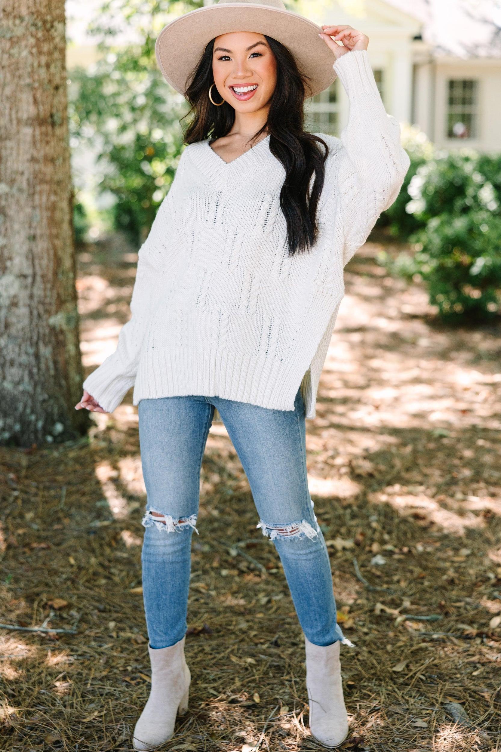 Run Don't Walk Cream White Cable Knit Sweater Female Product Image