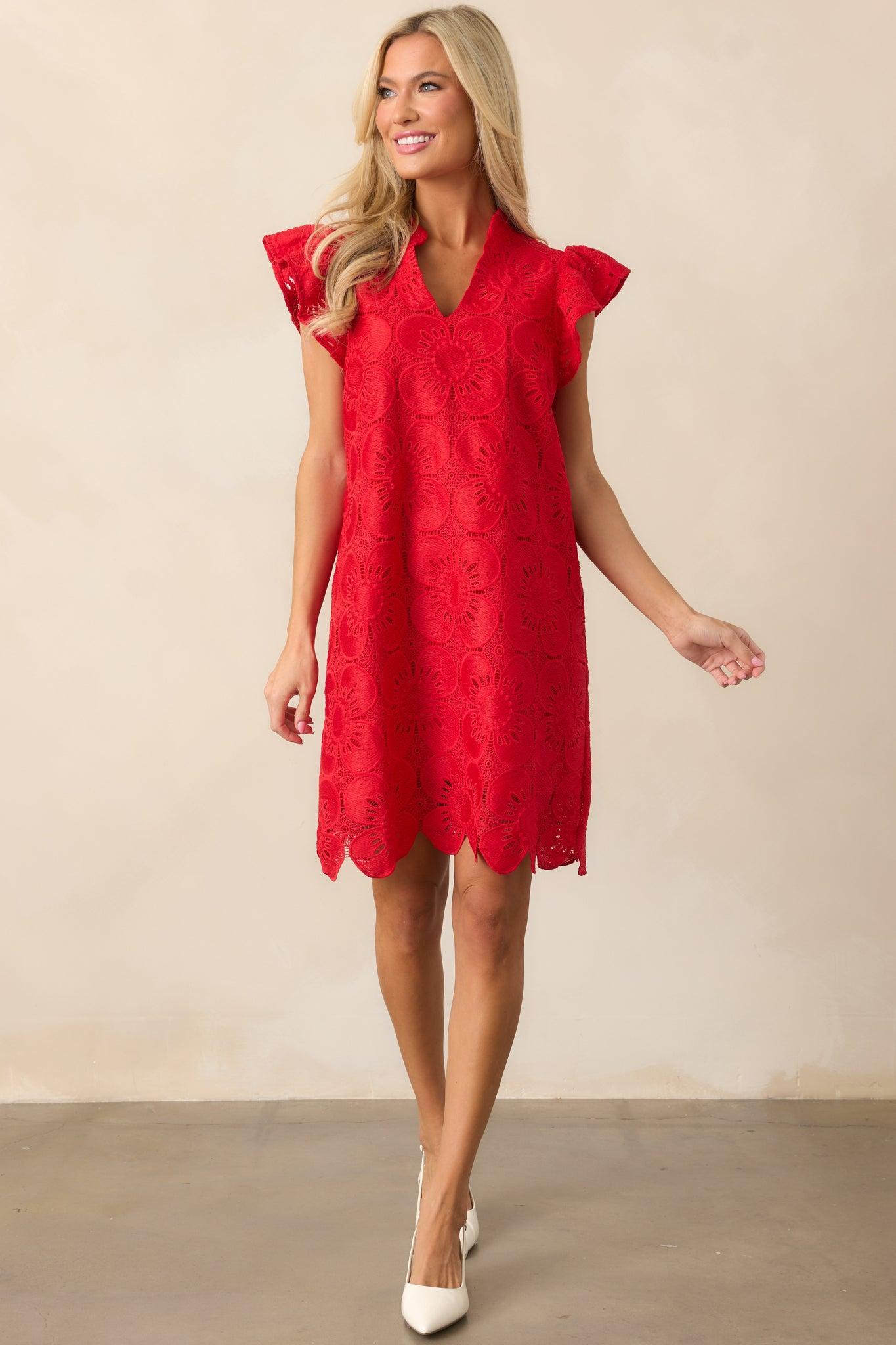 Between The Vines Red Floral Embroidered Mini Dress Product Image