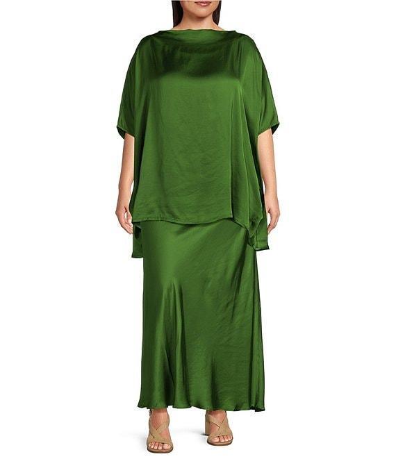 Bryn Walker Plus Size Coordinating Debo Viscose Satin Drape Boat Neck Cap Sleeve High-Low Tunic Product Image