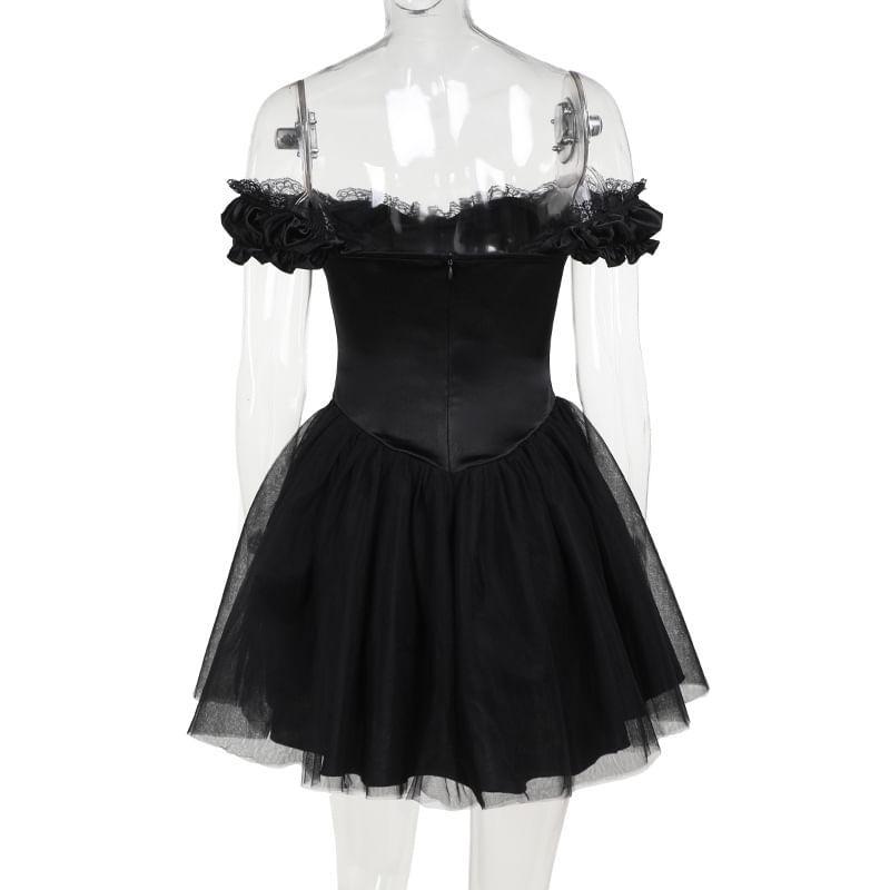 Off Shoulder Corset Waist Sheer Mini A-Line Dress Product Image
