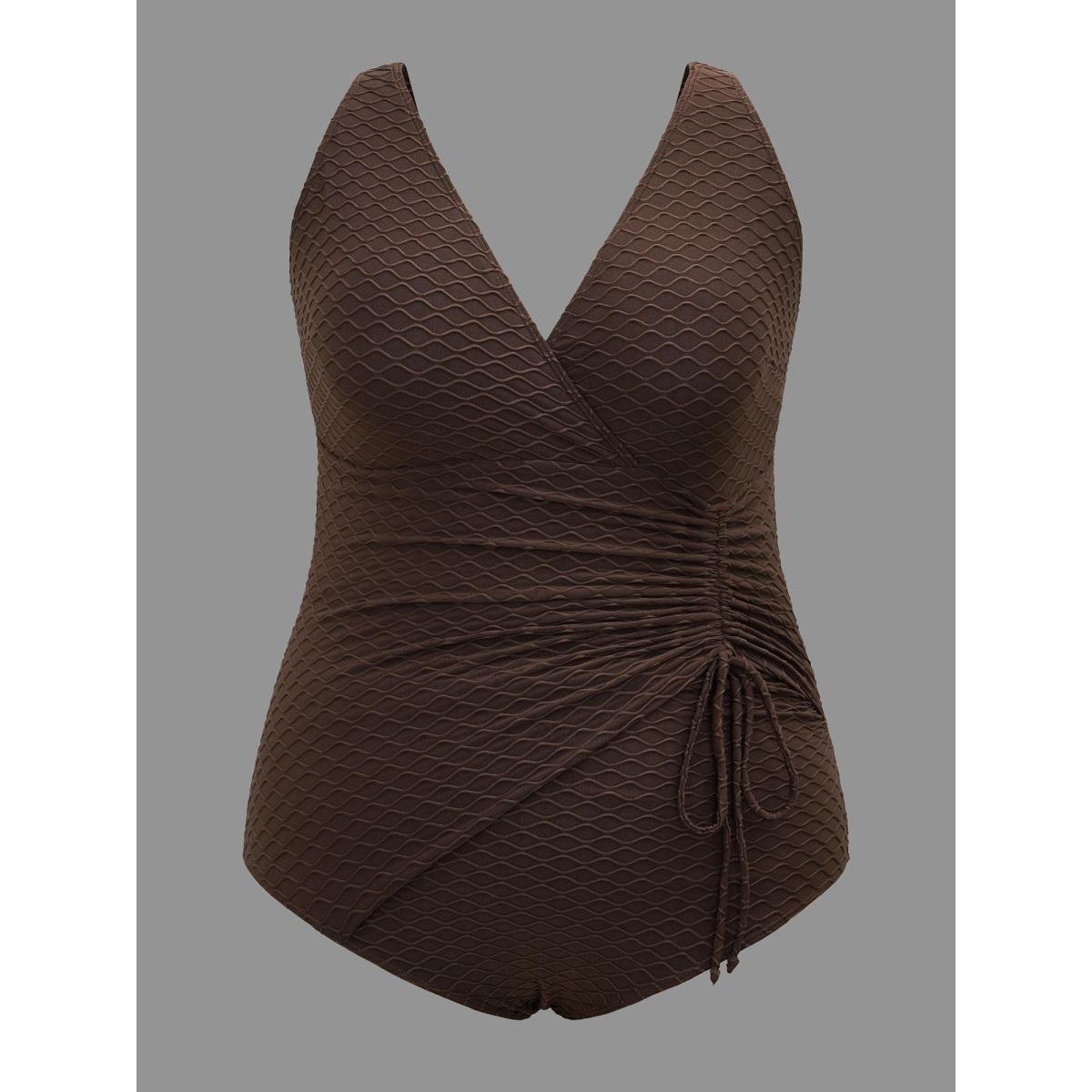 Plus Size Ruched Drawstring Surplice Neck One-Piece Swimsuit Women's Swimwear Browncoffeecolor Beach Texture Curve Bathing Suits High stretch One Pieces BloomChic 30/6X Product Image