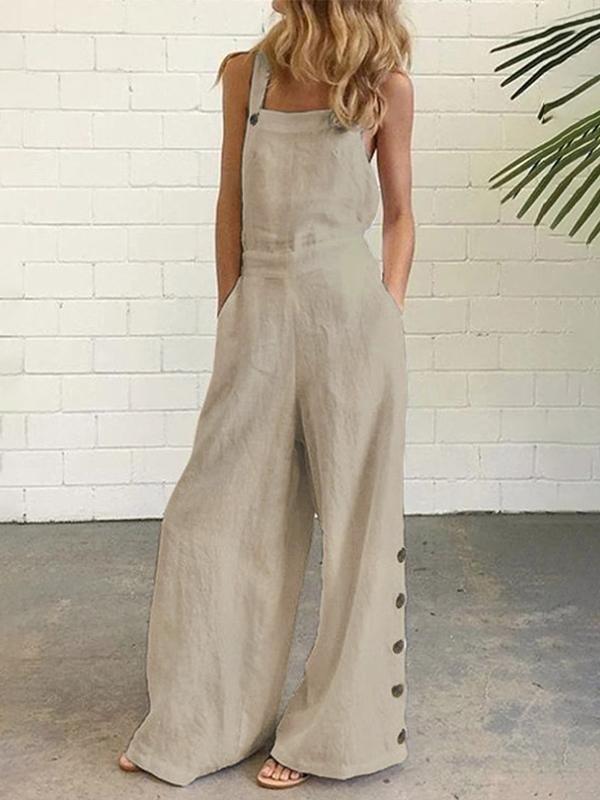 High Waisted Loose Buttoned Pockets Solid Color Spaghetti-Neck Overalls Product Image