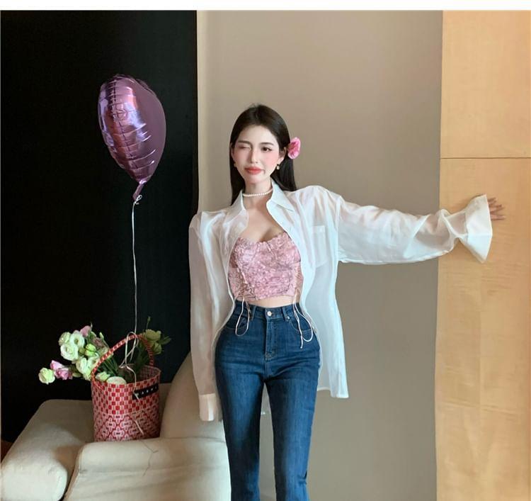 Collared Plain Oversized Shirt / High Waist Washed Flared Jeans Product Image