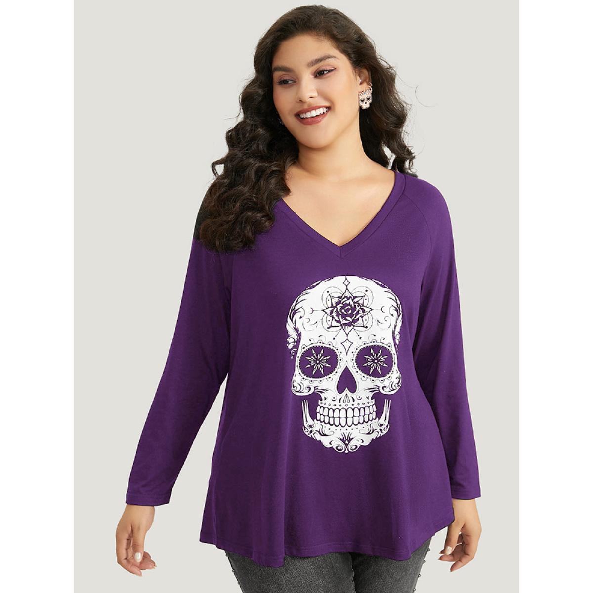 Plus Size Halloween Skull Print Long Sleeve T-shirt Purple Women Casual Printed Halloween Festival-Halloween T-shirts BloomChic 26/4X Product Image