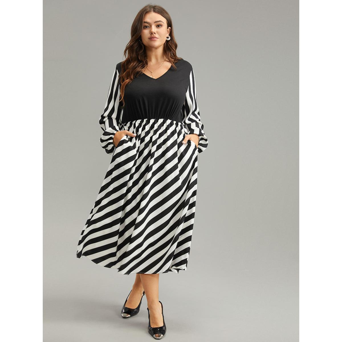 Plus Size Striped Patchwork Elastic Waist Lantern Sleeve Dress Black Women At the Office Elastic cuffs V-neck Long Sleeve Curvy Midi Dress BloomChic 22-24/3X Product Image