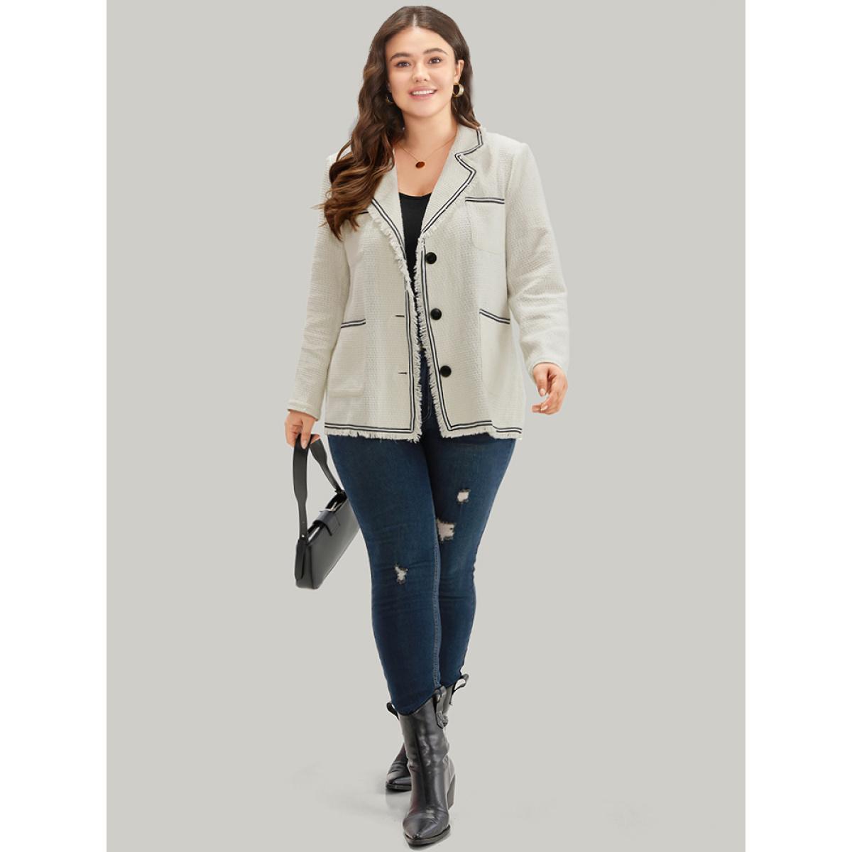 Plus Size Lapel Collar Tweed Contrast Fuzzy Trim Blazer White Women Work Plain Texture Sleeve Long Sleeve Lapel Collar 26/4X Pocket Office Blazers BloomChic Product Image