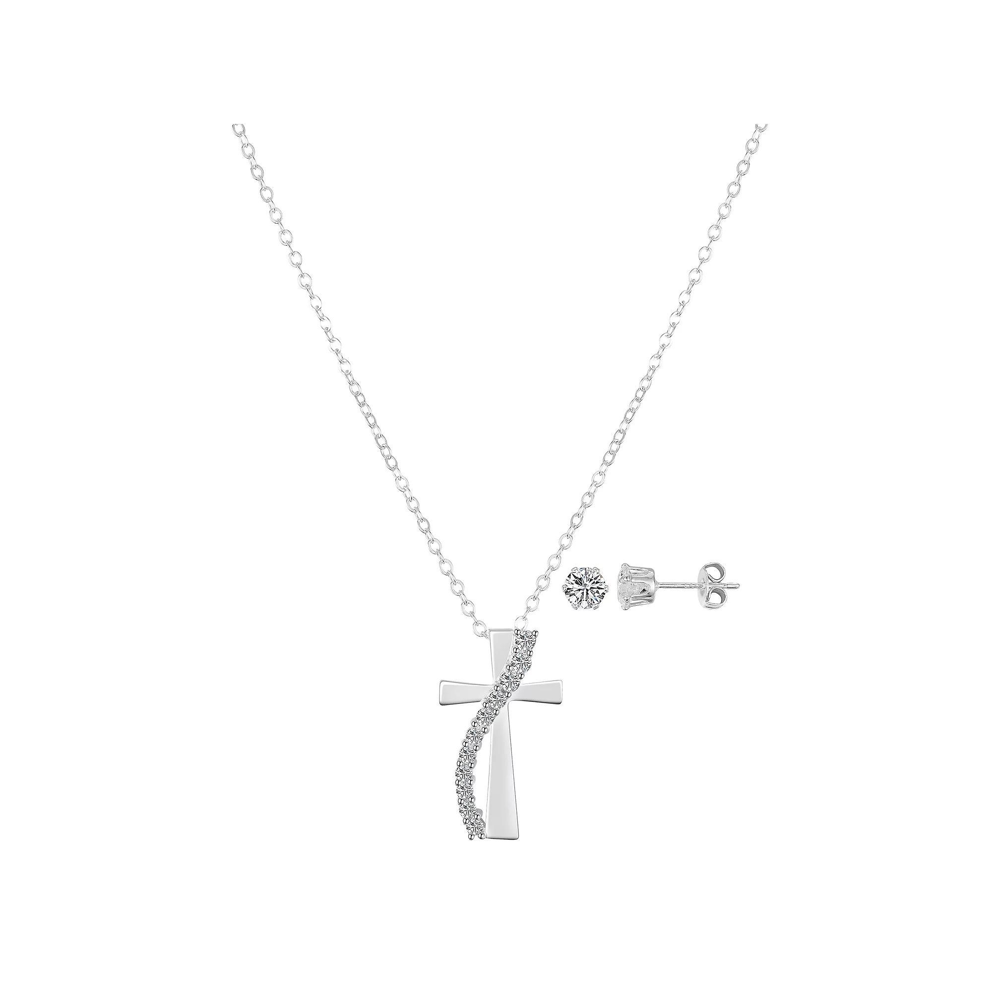 Gratitude & Grace Fine Silver Plated Cubic Zirconia Stud Earrings & Cross Stone Sash Pendant Necklace Set, Women's, Size: 18", Silver Tone Product Image