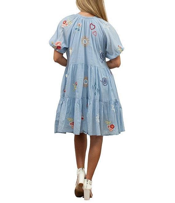 Karyn Seo Aryn V-Neck Short Sleeves Multicolor Embroidered Tiered Babydoll Dress Product Image