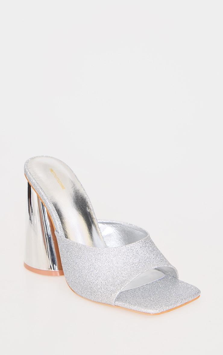 Silver PU Square Toe Thick High Block Heeled Mules Product Image