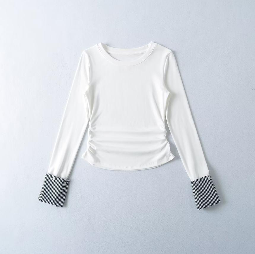 Long-Sleeve Crew Neck Plaid Panel Ruched Slim Fit Tee Product Image