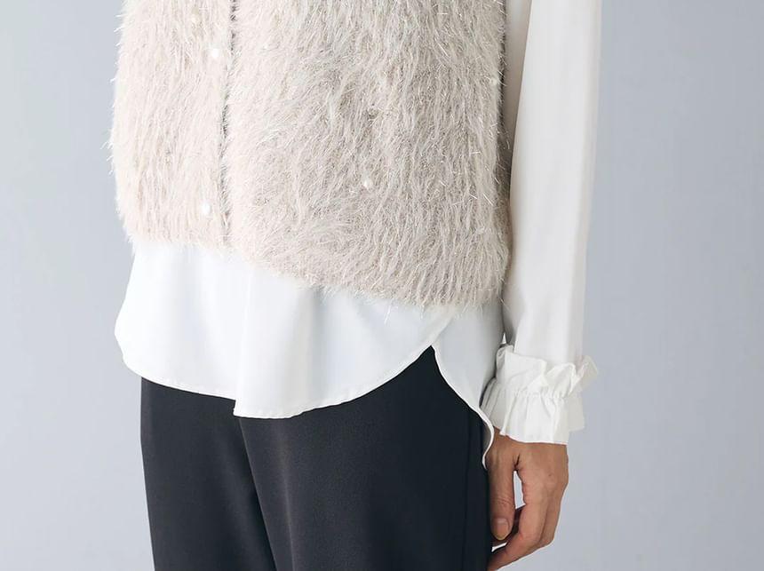 Fluffy Pearl Button V-Neck Sleeveless Vest Product Image