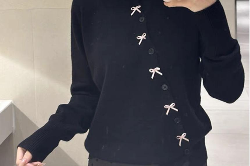 V-Neck Ribbon Accent Plain Cardigan Product Image