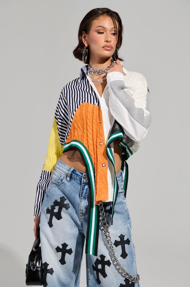 NEVER SEE YOU AGAIN BUTTON DOWN COLOR BLOCK SHIRT Product Image