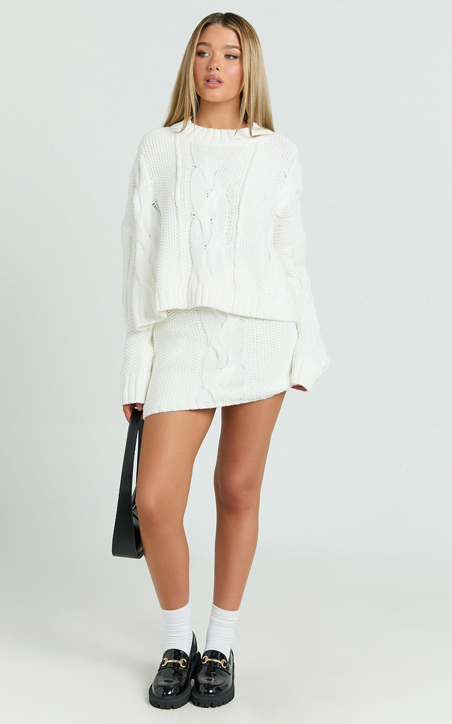 Marge Mini Skirt - High Waisted Cable Knit Mini Skirt in White Product Image