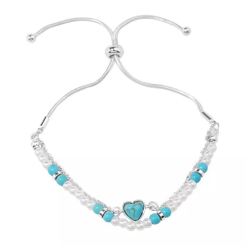 LC Lauren Conrad Sterling Silver Simulated Turquoise Heart Charm Simulated Pearl Tie Bracelet, Women's, Blue Product Image