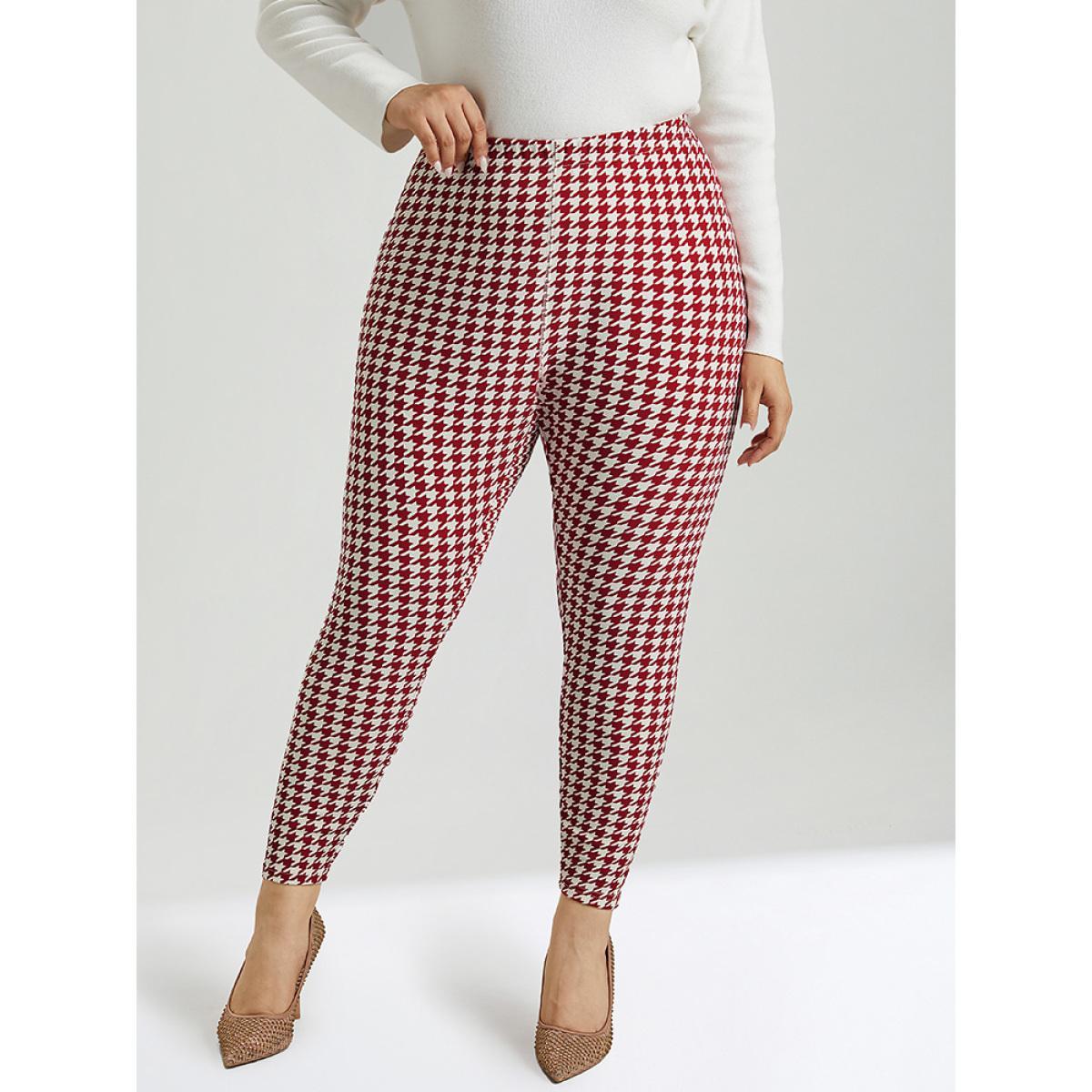 Plus Size Christmas Houndstooth Elastic Waist High Rise Leggings Women Raspberry Elegant High stretch Skinny High Rise Dailywear Leggings BloomChic 10/M Product Image