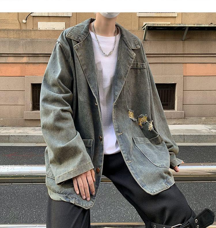 Notch Lapel Washed Distressed Single-Breasted Denim Blazer Product Image