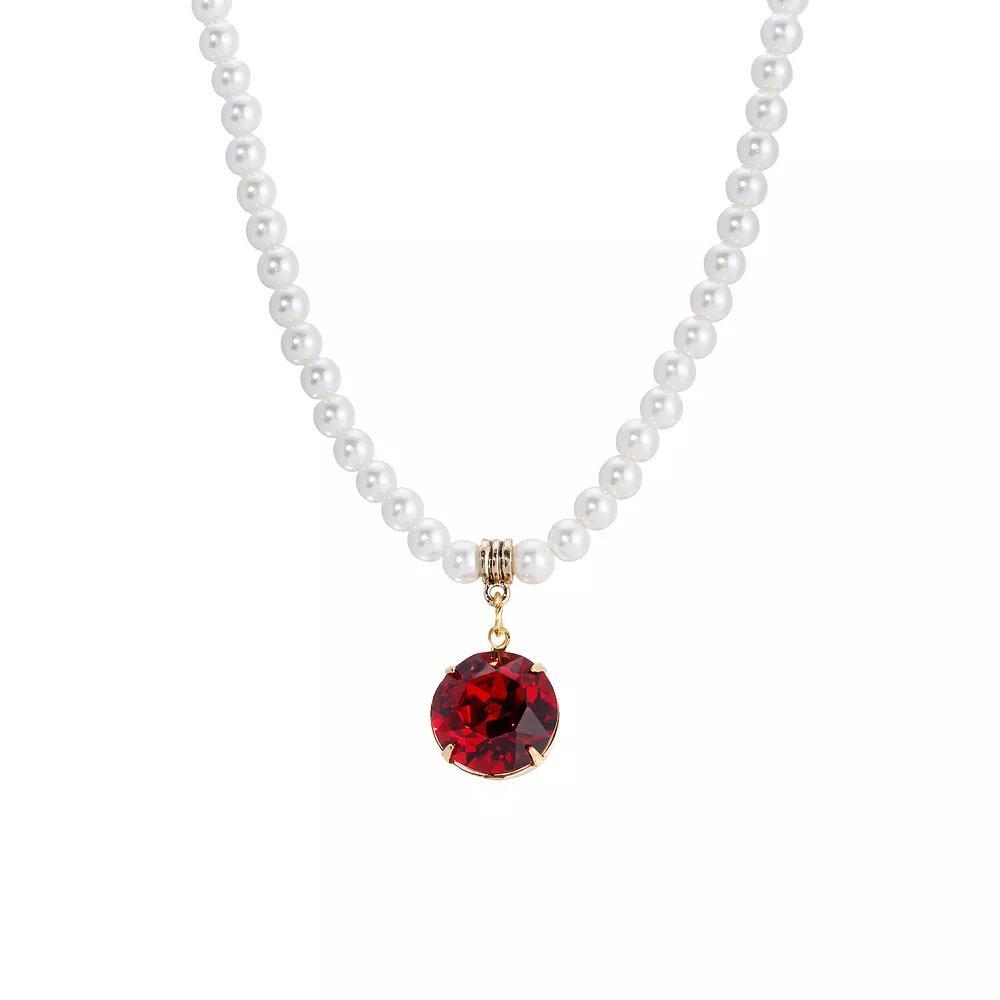1928 Gold-Tone Red Crystal Simulated Pearl Strand Adjustable Necklace, Womens Product Image