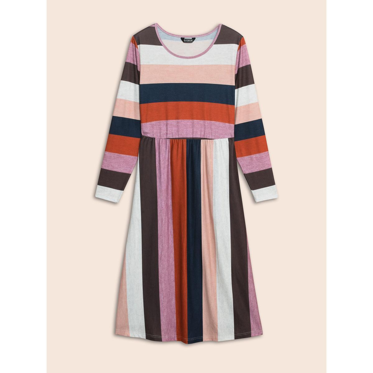 Plus Size Striped Contrast Crew Neck Knit Dress Multicolor Women Casual Contrast Knit Dresses Bloomchic 14-16/1X Product Image