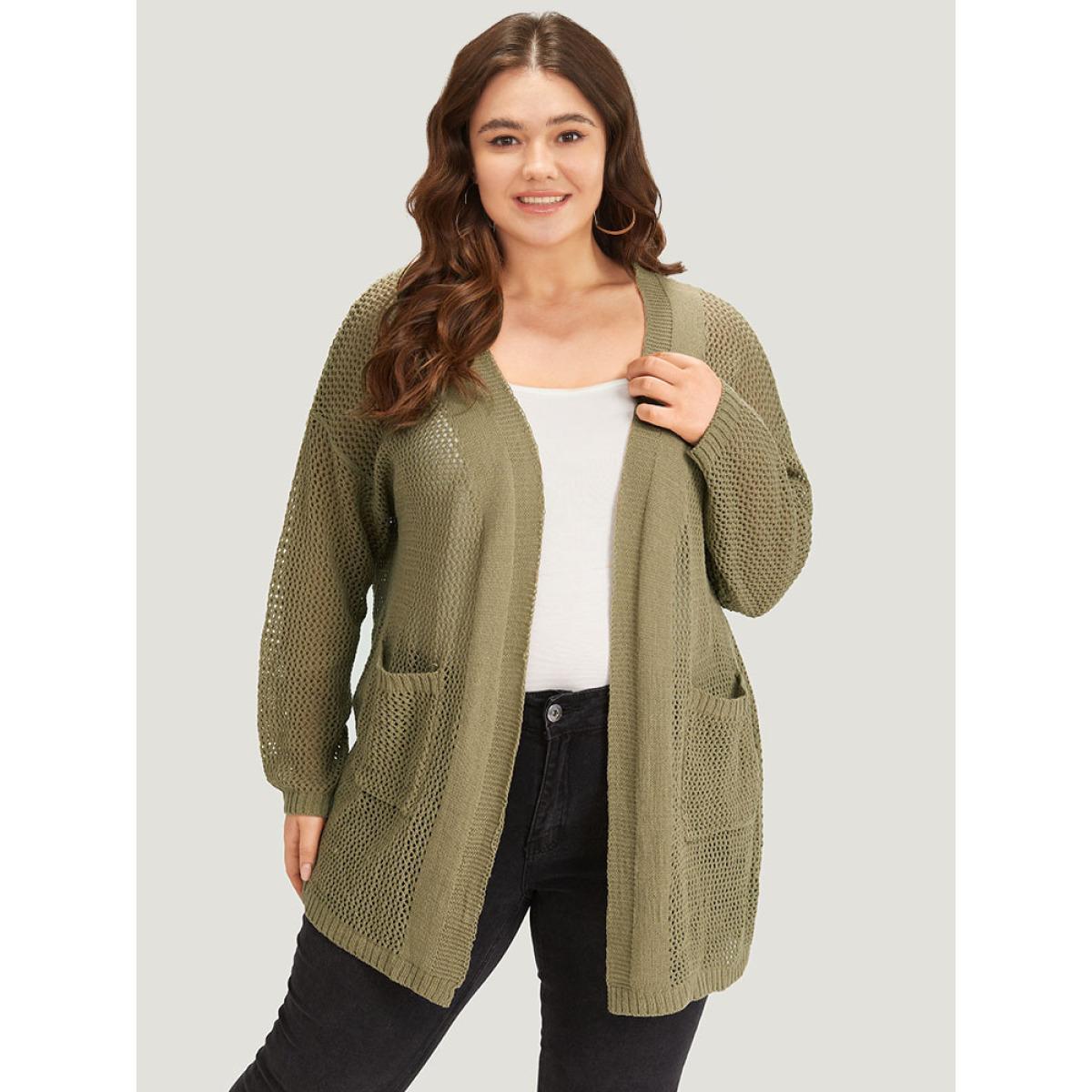 Plus Size Solid Patched Pocket Open Front Patchwork Cardigan Olive Women Casual Loose Long Sleeve Everyday Cardigans BloomChic 28/5X Product Image