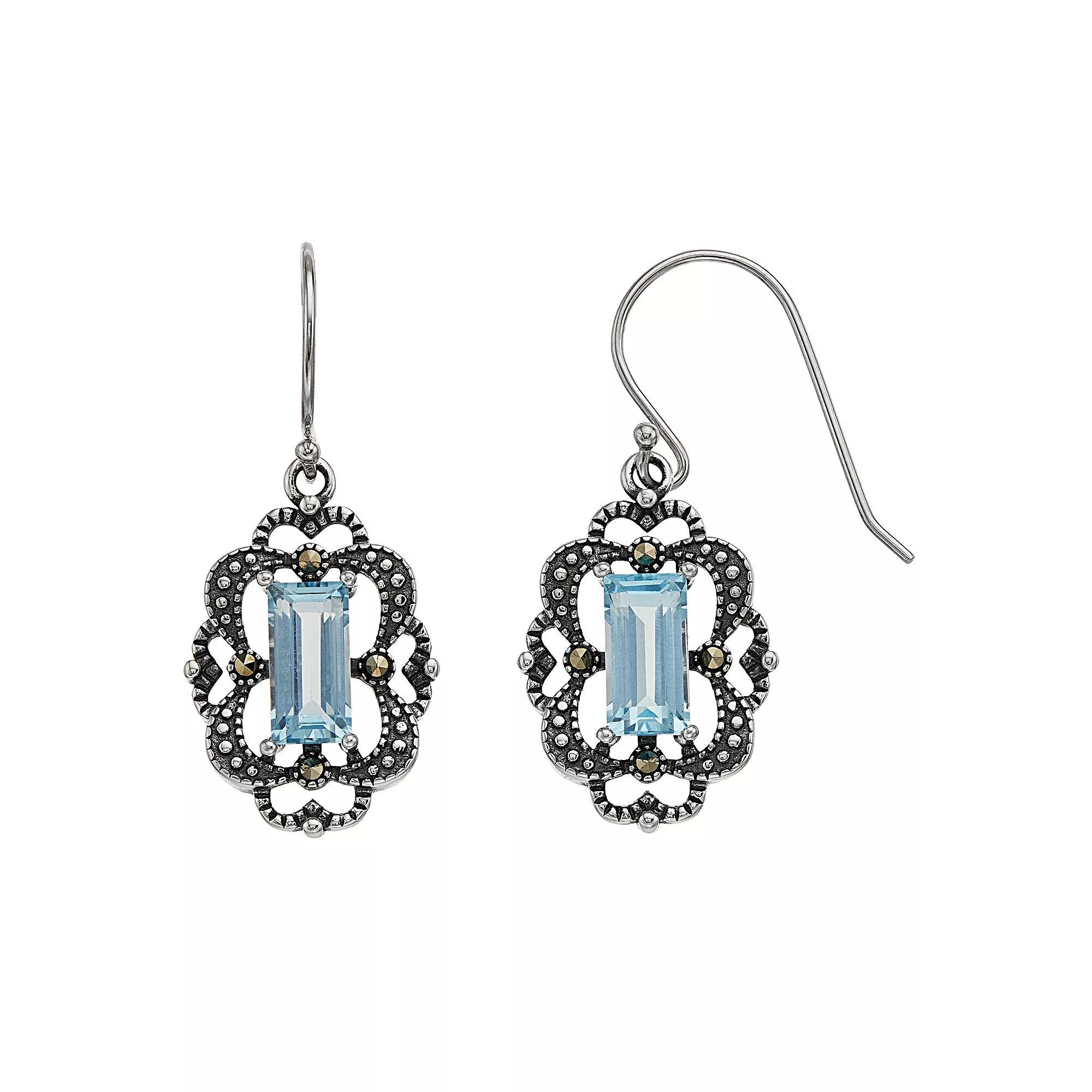 Tori Hill Sterling Silver Marcasite Blue Topaz Earrings, Women's Product Image