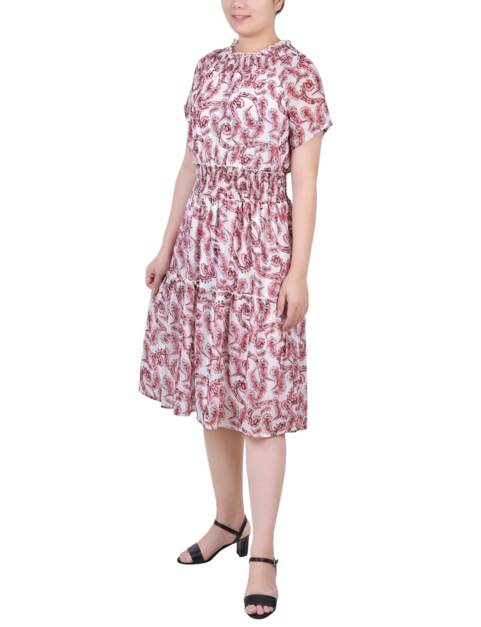 Burgundy Paisley Floral Short Sleeve Smocked Waist Dress - Petite Product Image