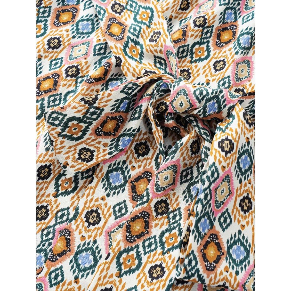 Plus Size Bandana Geometric Ruffle Trim Belted Dress DarkGreen Women Resort Non V-neck Half Sleeve Curvy Midi Dress BloomChic 10/M Product Image