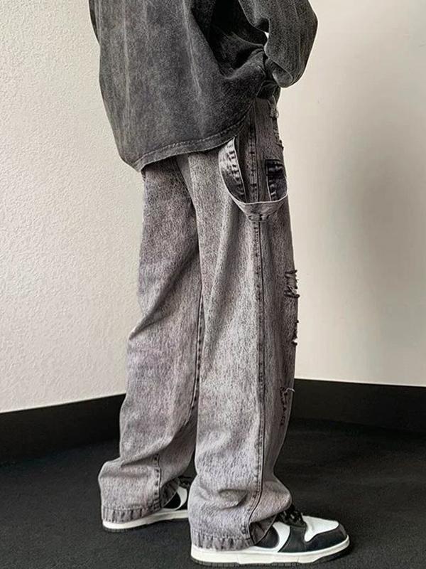 Men's Gray Wash Ripped Drawstring Loose Jeans Product Image