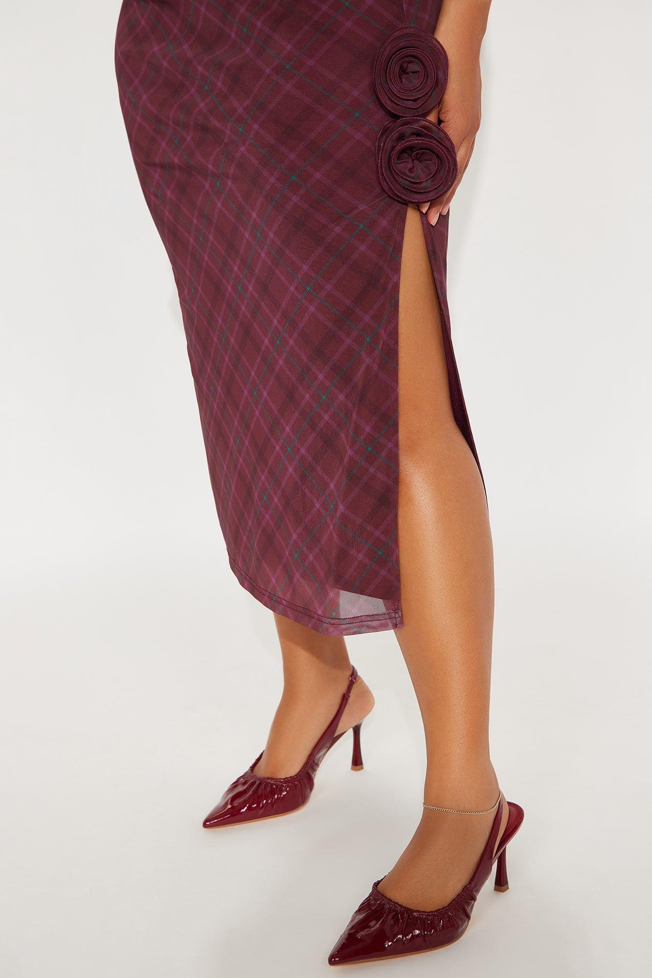 Rosie Ruched Plaid Mini Dress - Burgundy Product Image