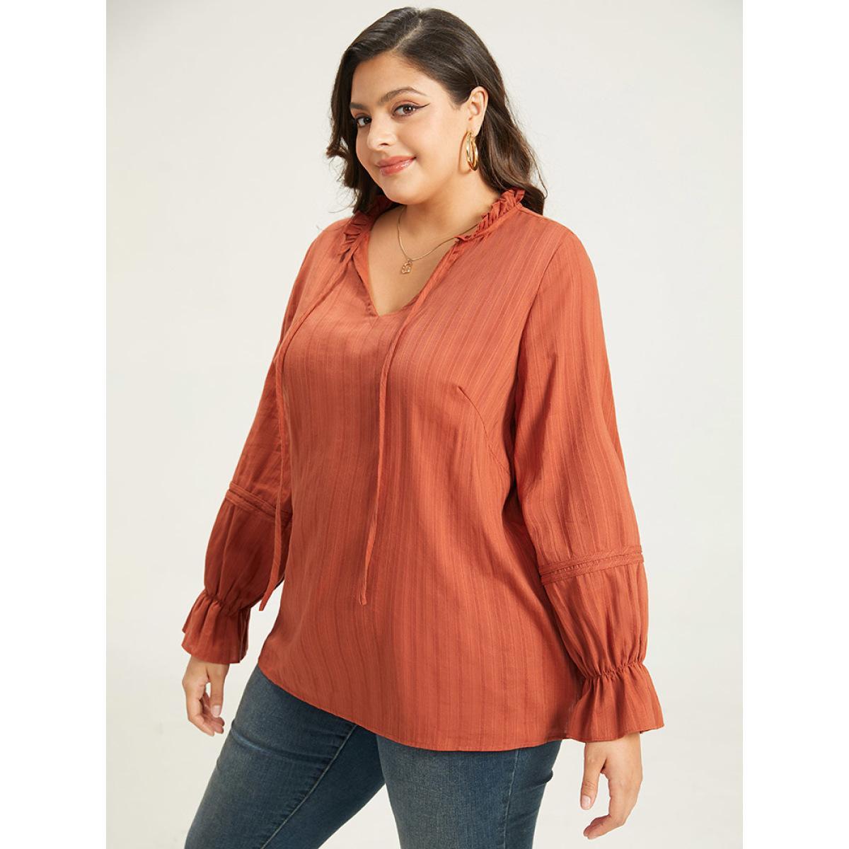 Plus Size OrangeRed Plain Tie Neck Textured Ruffle Trim Blouse Women Elegant Long Sleeve Tie Neck Dailywear Blouses BloomChic 18-20/2X Product Image