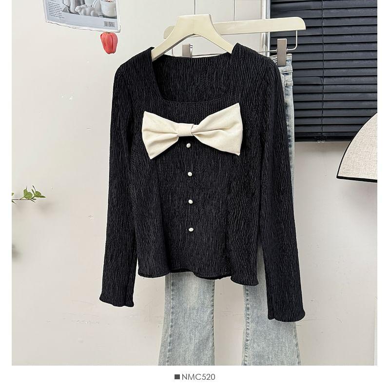 Textured Bow-Accent Square-Neck Blouse in 5 Colors Product Image