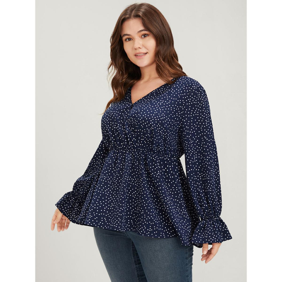 Plus Size DarkBlue Polka Dot Button Lantern Sleeve Ruffles Hem Wrap Blouse Women Elegant Long Sleeve V-neck Dailywear Blouses BloomChic 30/6X Product Image