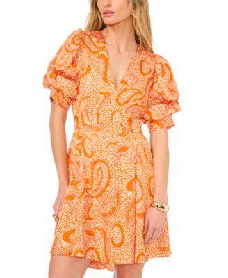 1.state Womens Printed V-Neck Tiered Bubble Puff Sleeve Mini Dress Product Image