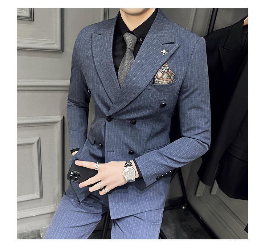 Set: Peak Lapel Striped Double-Breasted Blazer + Mid Rise Cropped Tapered Dress Pants Product Image