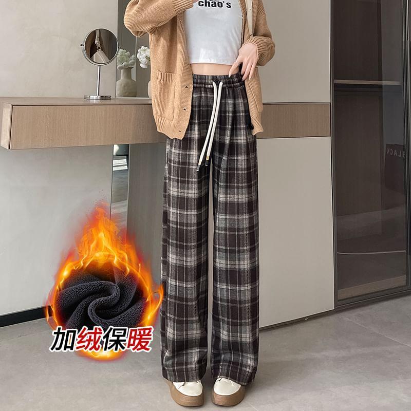 Drawstring Waist Plaid Fleece-Lined Wide Leg Pants Product Image