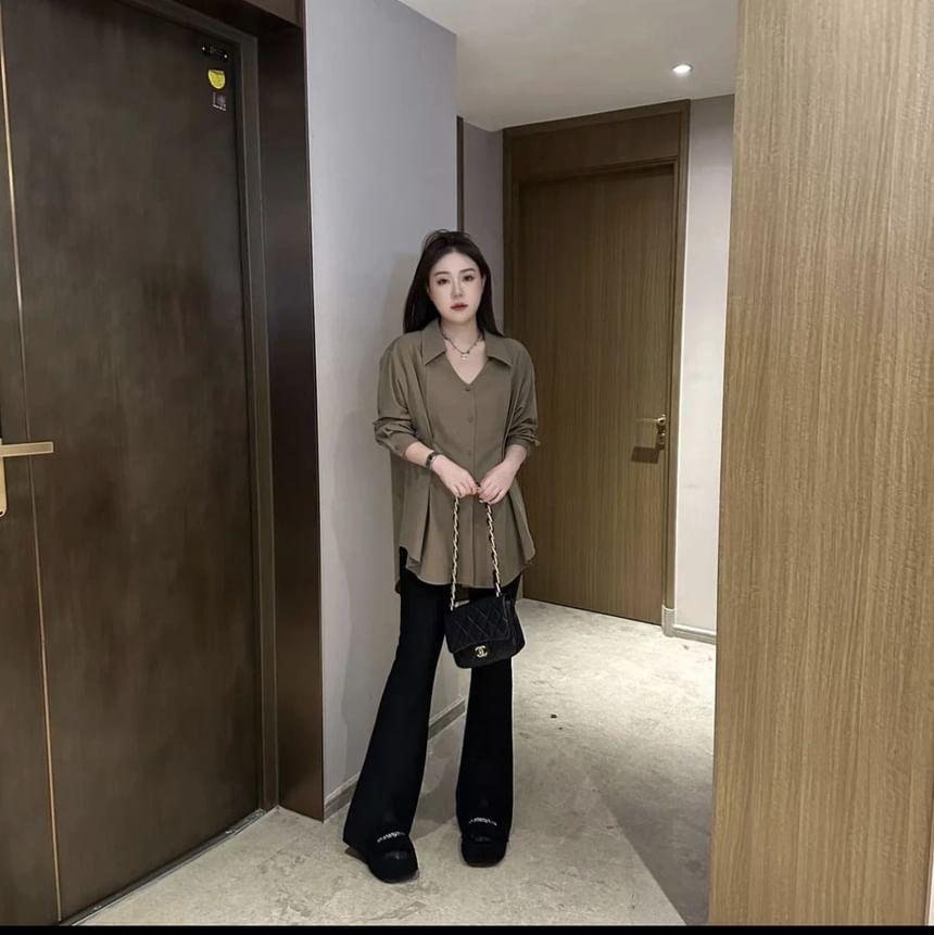 Long Sleeve V-Neck Collared Plain Shirt Product Image