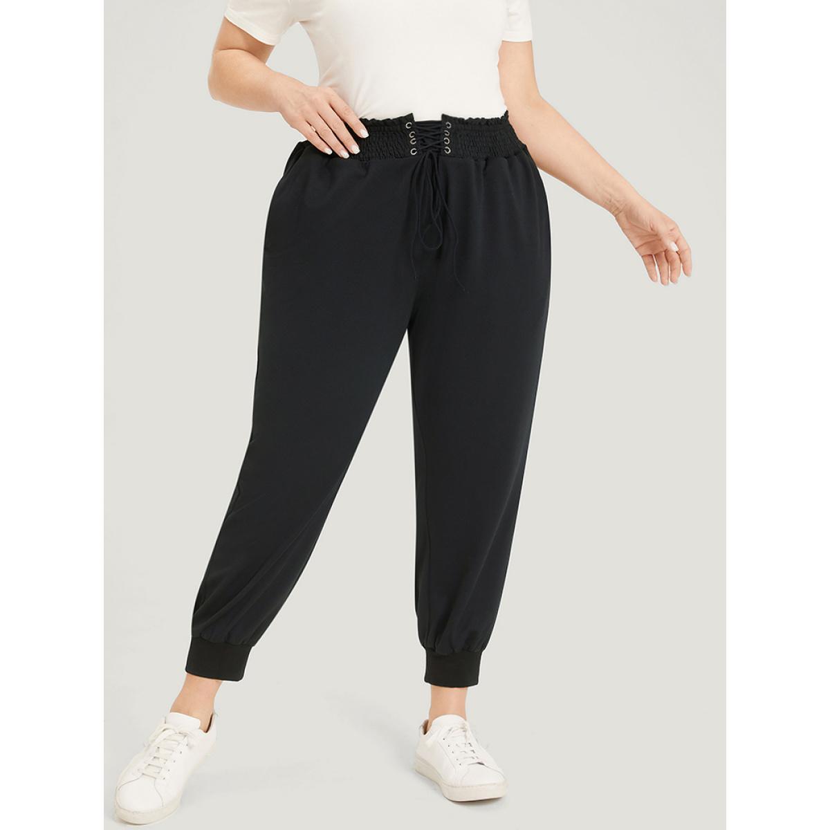 Solid Pocket Bowknot Shirred Sweatpants Black Plus Size Women Casual Dailywear Drawstring 14-16/1X Bloomchic Product Image