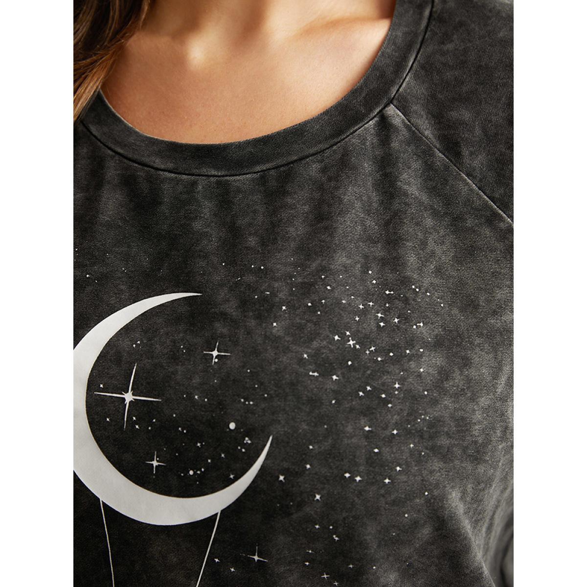 Plus Size Halloween Moon & Star Print Raglan Sleeve Sweatshirt Women Black Casual Printed Festival-Halloween Sweatshirts BloomChic 28/5X Product Image