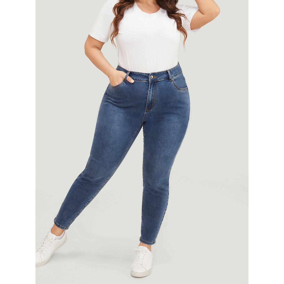 Plus Size Skinny Very Stretchy High Rise Medium Wash Ankle Jeans Women Blue Casual Plain High stretch Pocket Jeans BloomChic 10/M Product Image