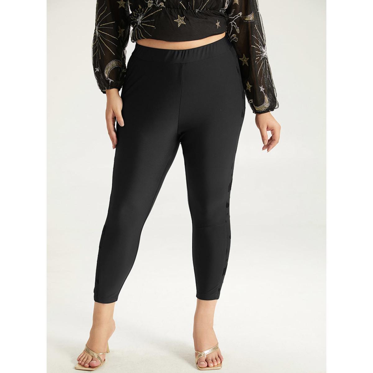 Plus Size Halloween Plain Texture Patchwork Elastic Waist Skinny Leggings Women Black Elegant High stretch Skinny High Rise Festival-Halloween Leggings BloomChic 10/M Product Image