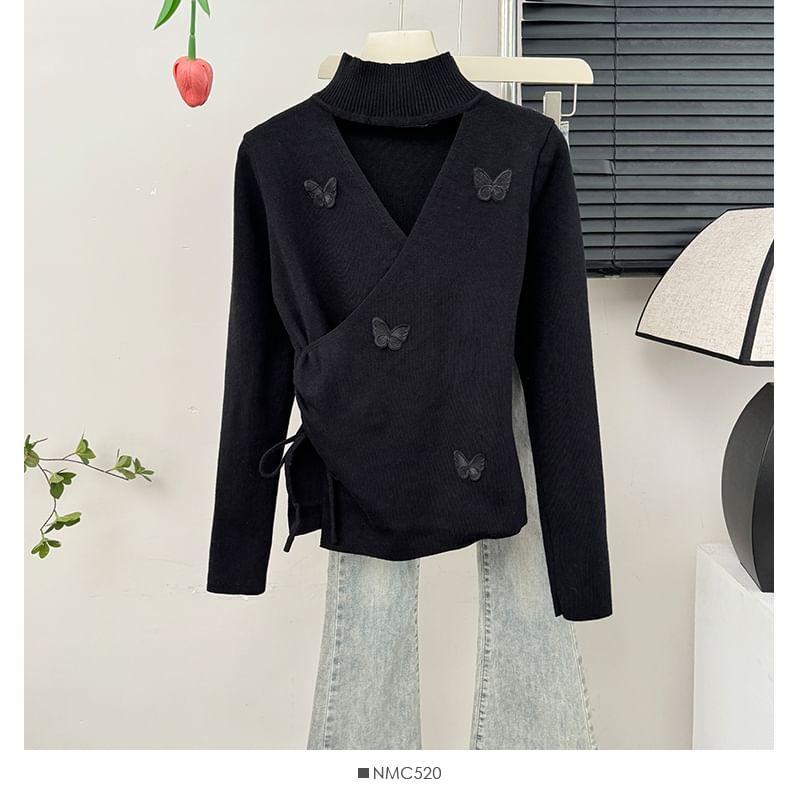Asymmetrical V-Neck Butterfly Wrap Knit Top Product Image