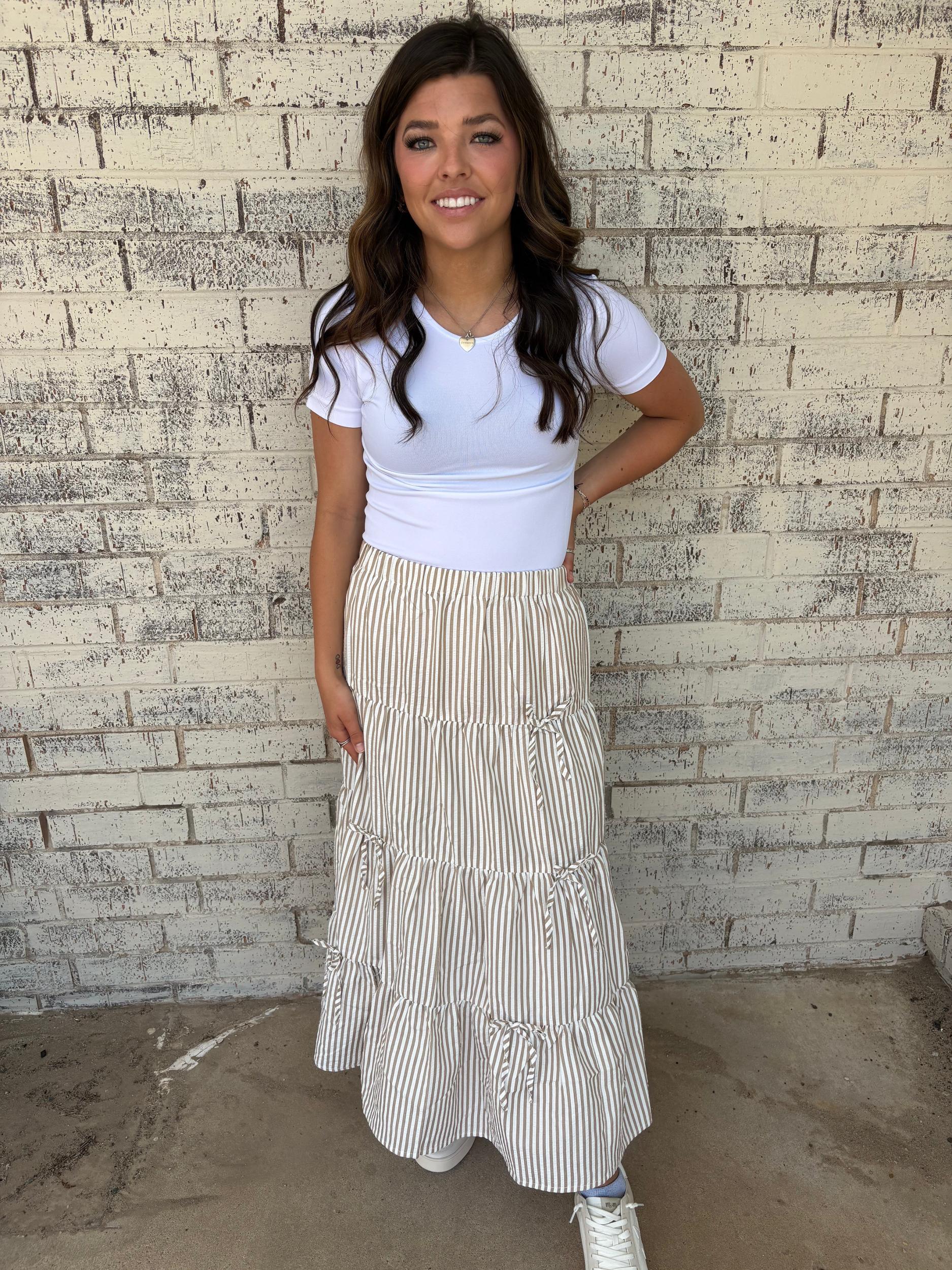 Bow Tie Tiered Taupe Stripe Maxi Skirt Product Image