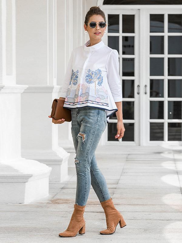Casual Three-Quarter Sleeves Loose Embroidered Stand Collar Blouses&Shirts Tops Product Image