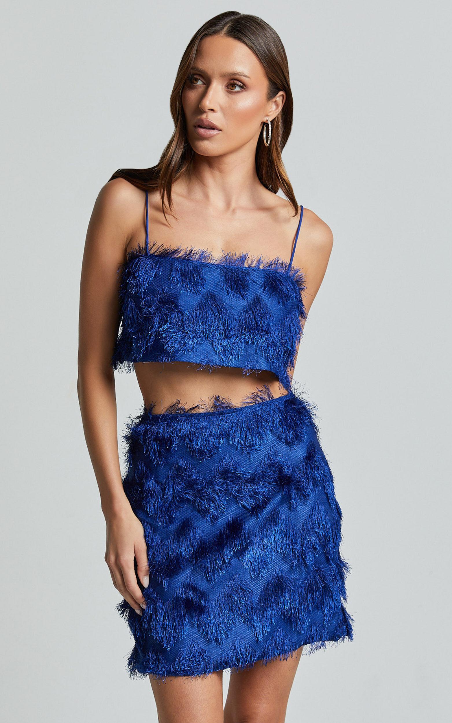 Shelby Mini Skirt - High Waist Fringe Skirt in Cobalt Blue Product Image