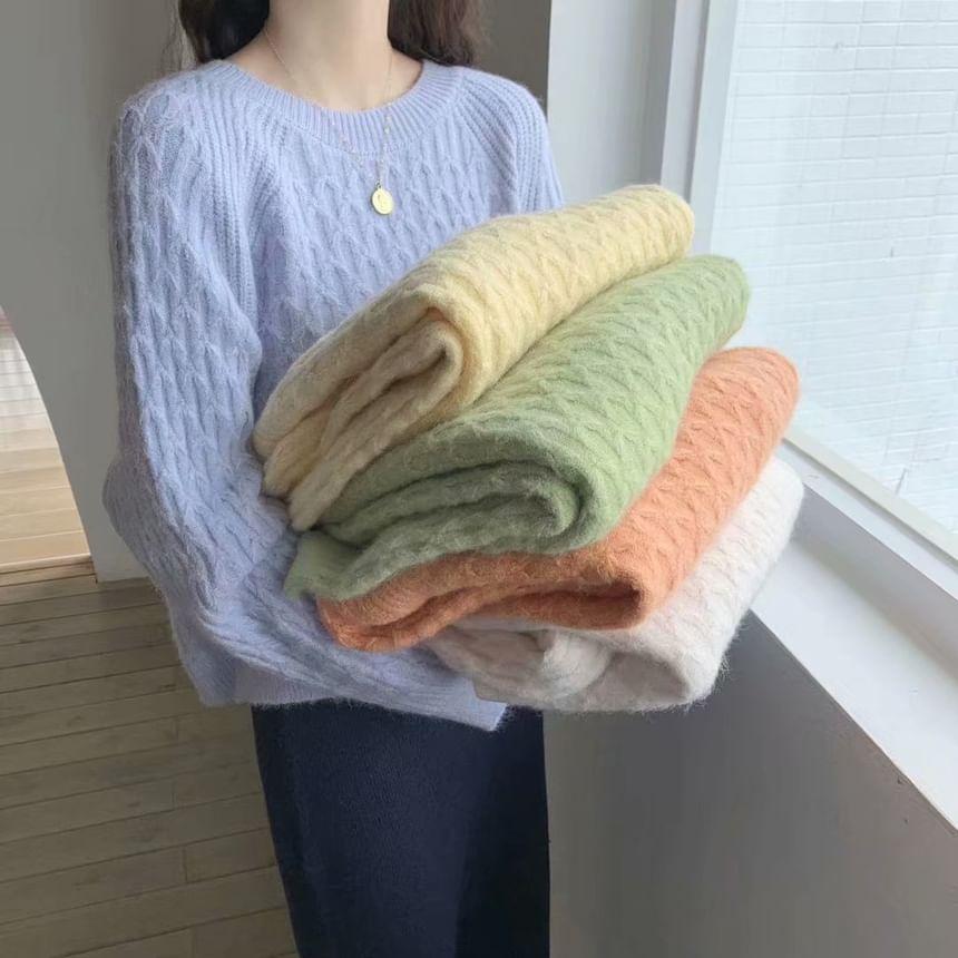 Round Neck Plain Cable Knit Sweater Product Image