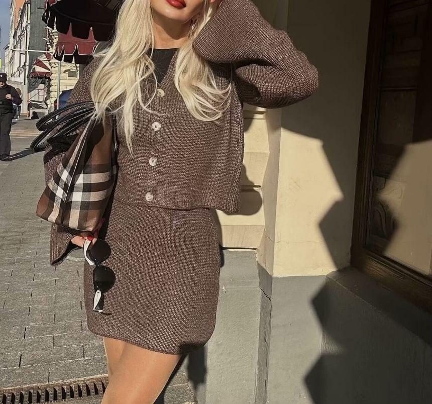 Set: Collared Plain Button Cardigan + High Waist Mini A-Line Skirt Product Image