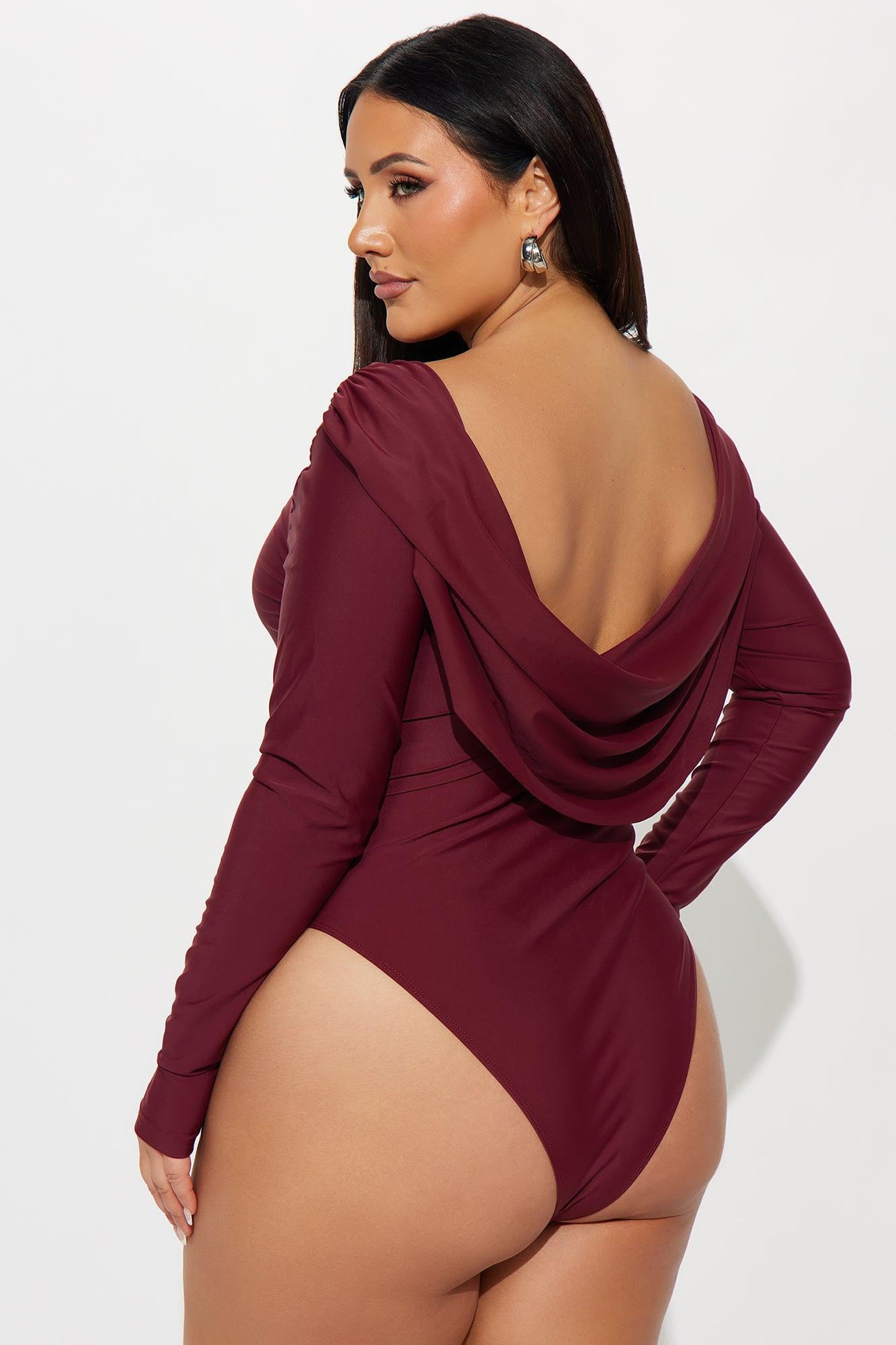 Sabrina Long Sleeve Open Bodysuit - Burgundy Product Image