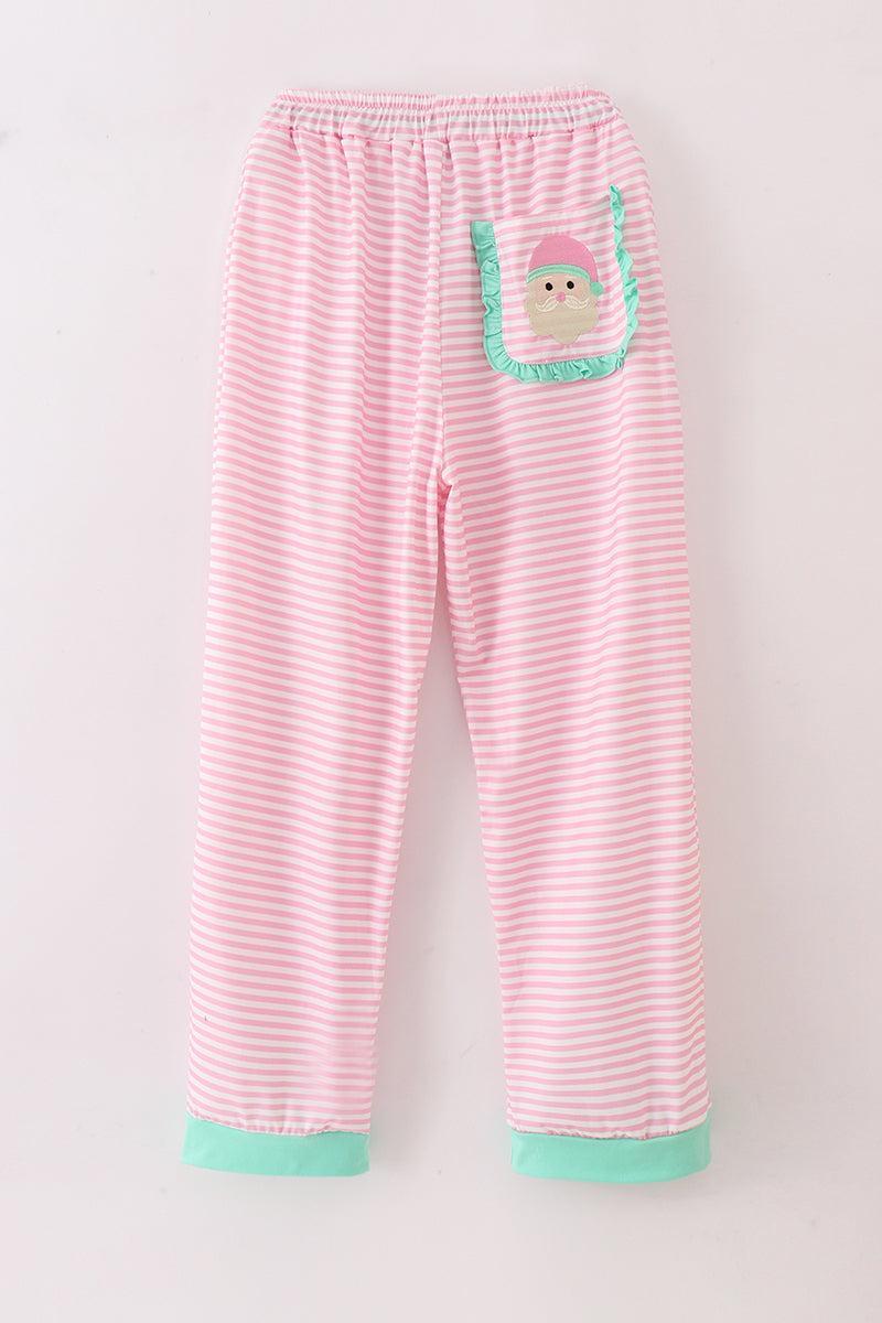 Pink stripe christmas santa claus embroidery women pajamas pants Product Image