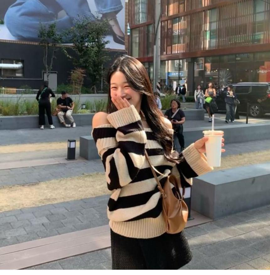 Off-Shoulder Striped Sweater Product Image