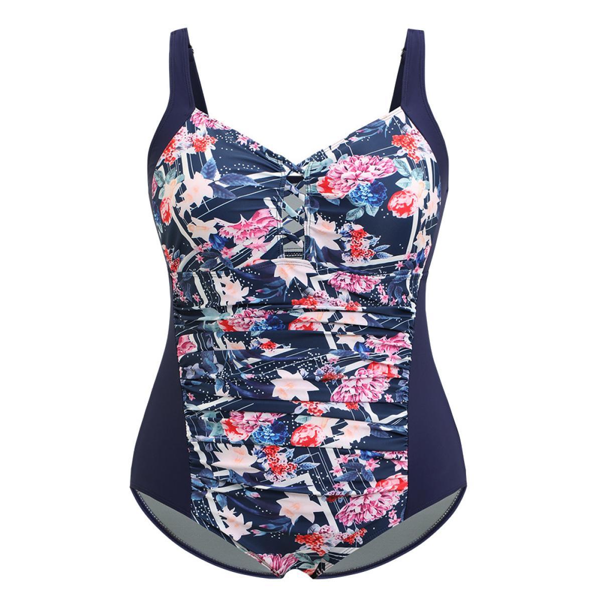Plus Size Floral Crisscross Front Ruched Sculpt Waist One Piece Swimsuit Women's Swimwear Indigo Vacation Adjustable Straps Curve Bathing Suits High stretch One Pieces BloomChic 26/4X Product Image